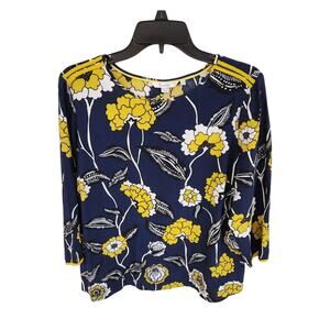 Boden Philippa Top Sz 10 Floral Popover 3/4 Sleeve Navy Blue Yellow White Blouse